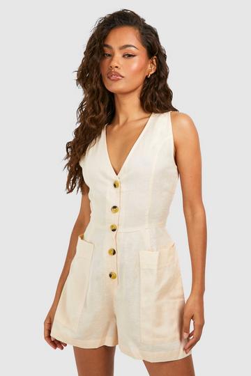 Stone Beige Linen Look Button Front Playsuit