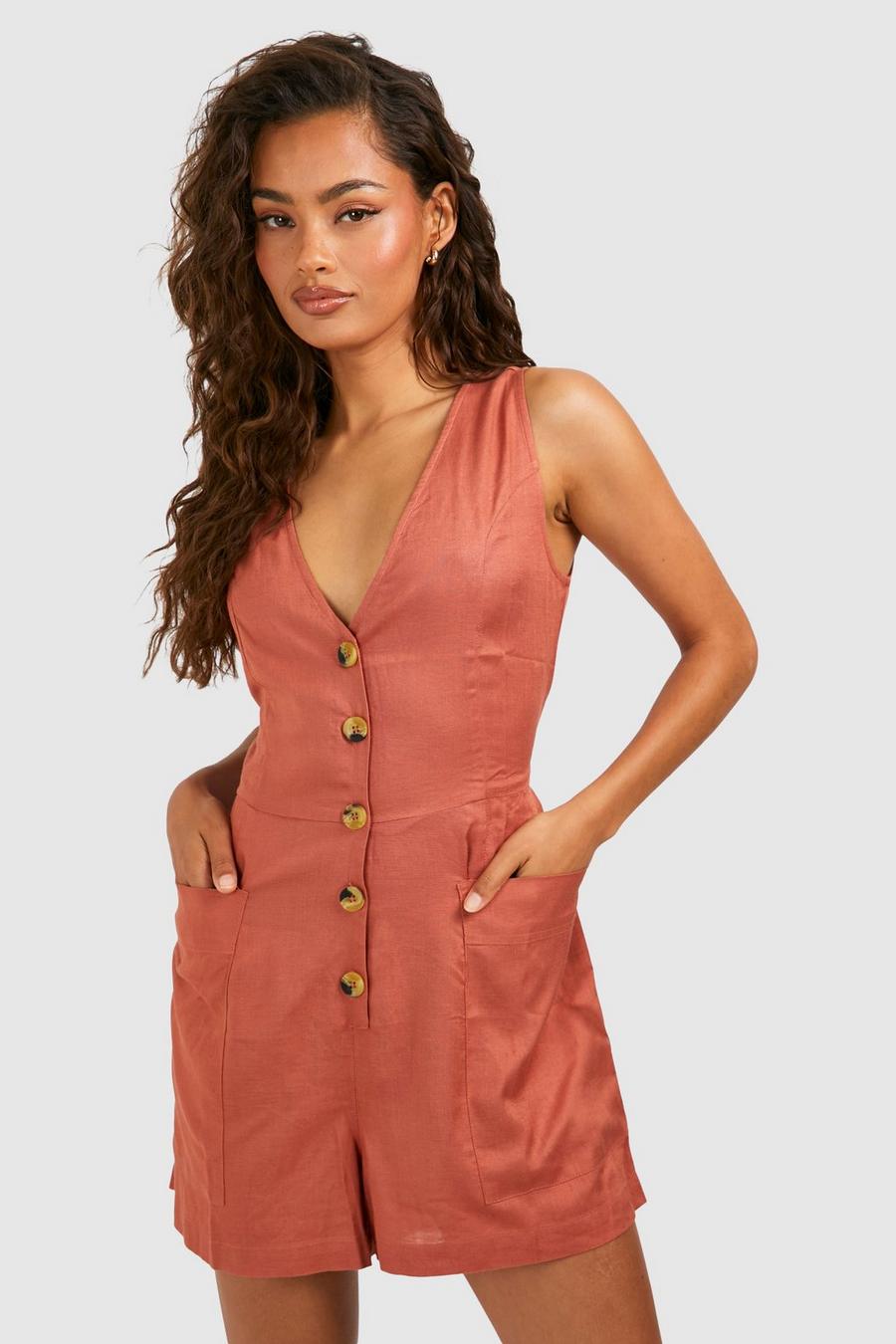 Terracotta Linen Look Button Front Playsuit image number 1
