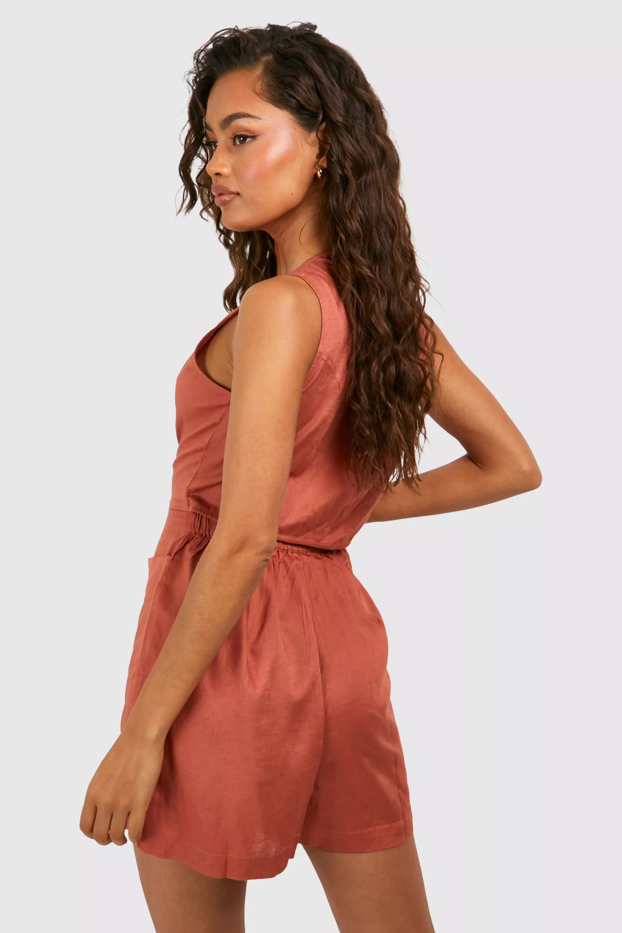 Terracotta Linen Look Button Front Playsuit alternative image
