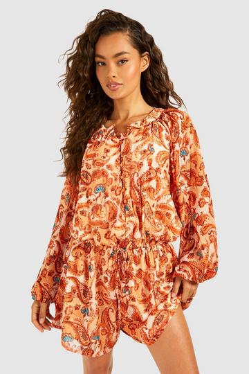 Printed Dobby Long Sleeve Button Front Romper cream