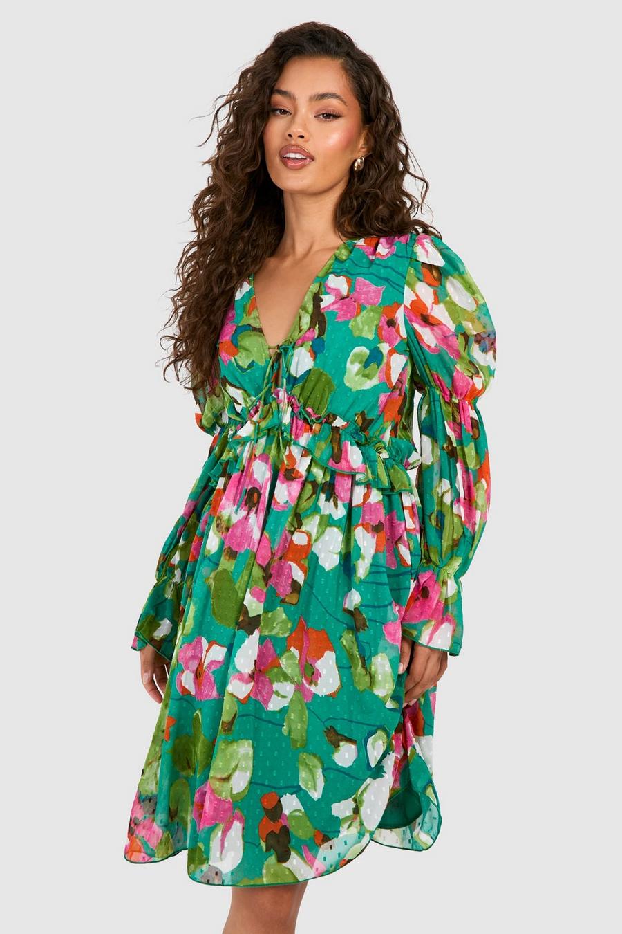 Vestito longuette a fiori in rete plumetis con scollo profondo e maniche a sbuffo, Green image number 1