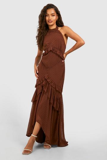 Dobby Maxi Jurk Met Halter Neck En Ruches chocolate