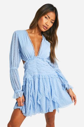 Dobby Ruffle Cut Out Mini Dress blue