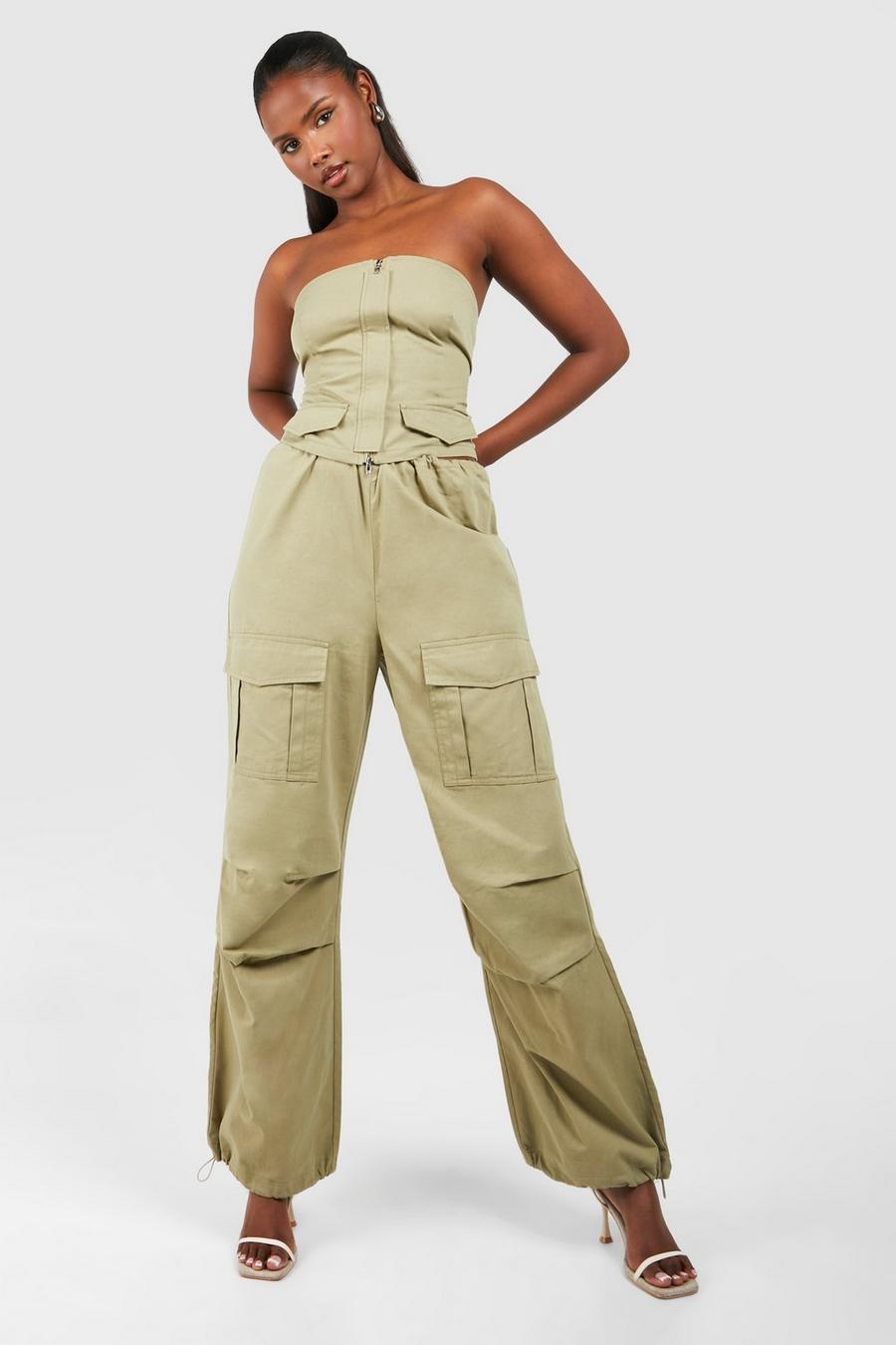 Washed khaki Low Rise Wide Leg Parachute Cargo cut-out Trousers image number 1