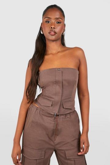 Pocket Detail Zip Up Corset chocolate