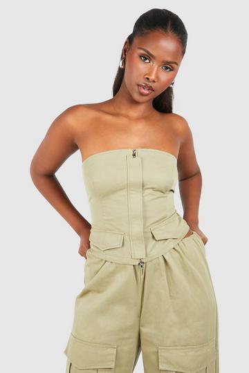 Pocket Detail Zip Up Corset washed khaki