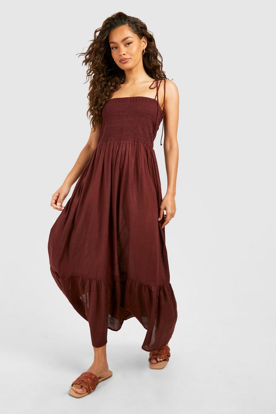 Chocolate Linen Look Shirred Bandeau Maxi Dress image number 1