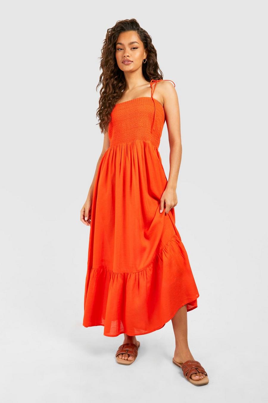 Orange Linen Look Shirred Bandeau Maxi Dress