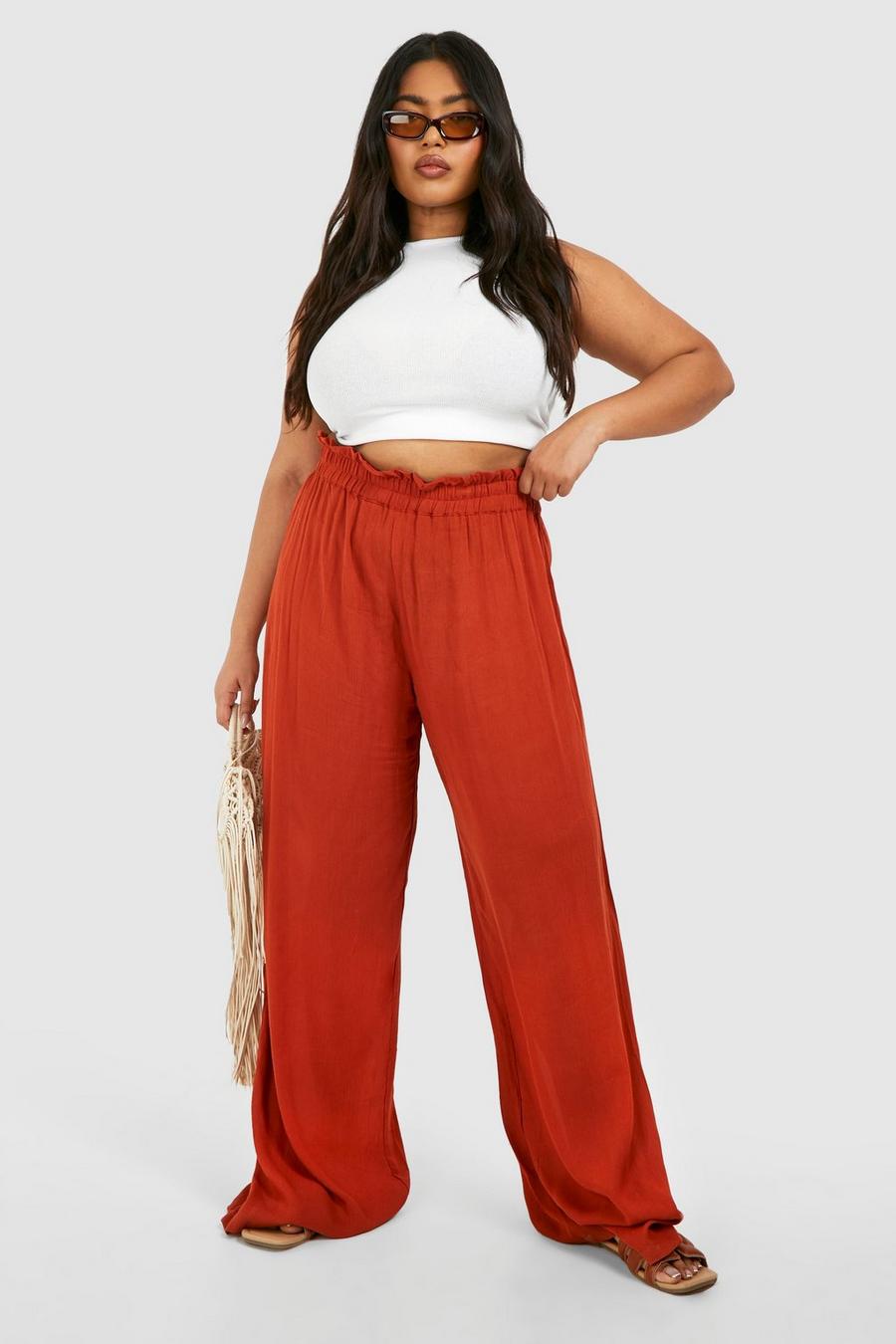 Rust Plus Crinkle Rayon Beach Trousers image number 1