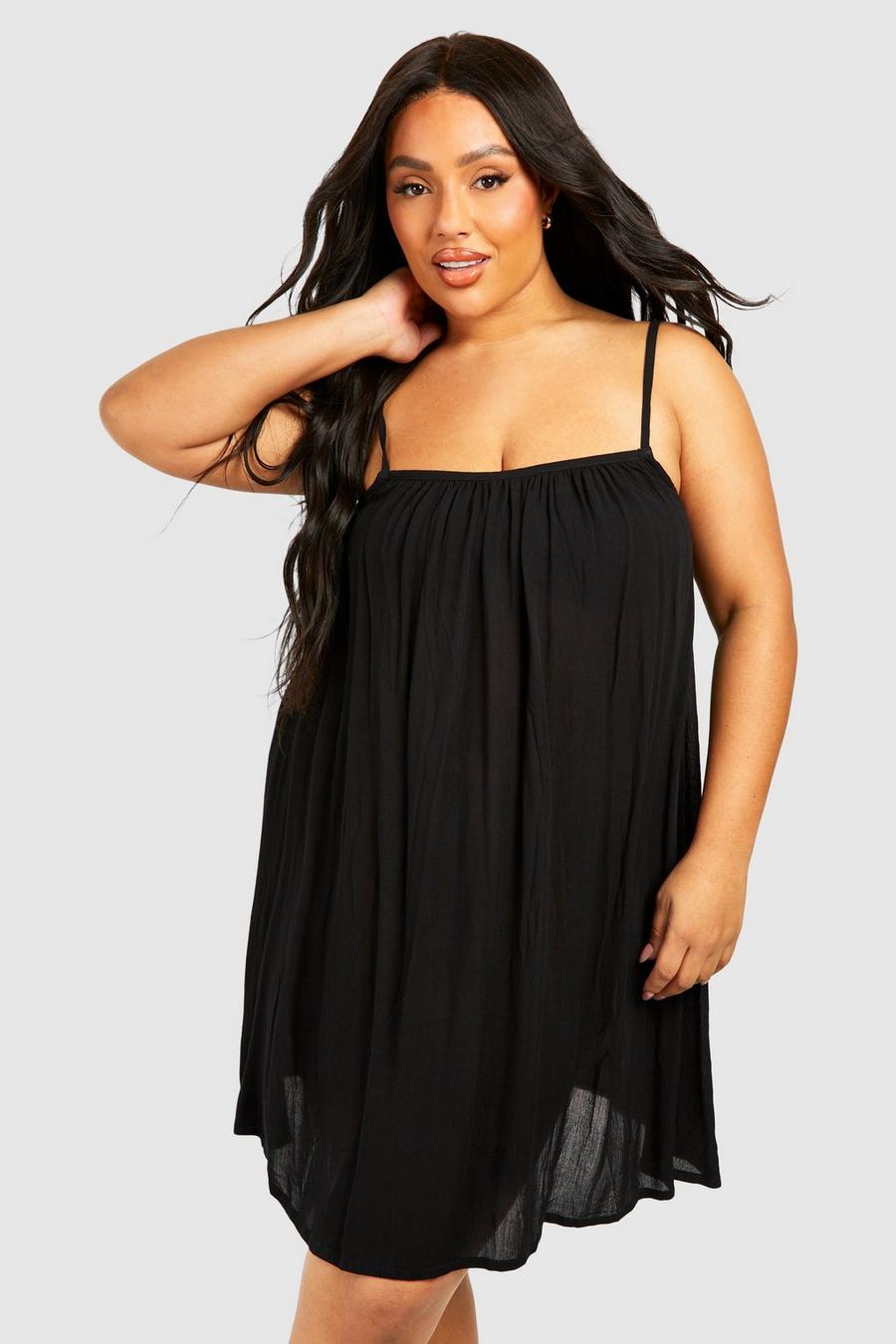 Black Plus Crinkle Rayon Plaited Strap Beach Dress image number 1