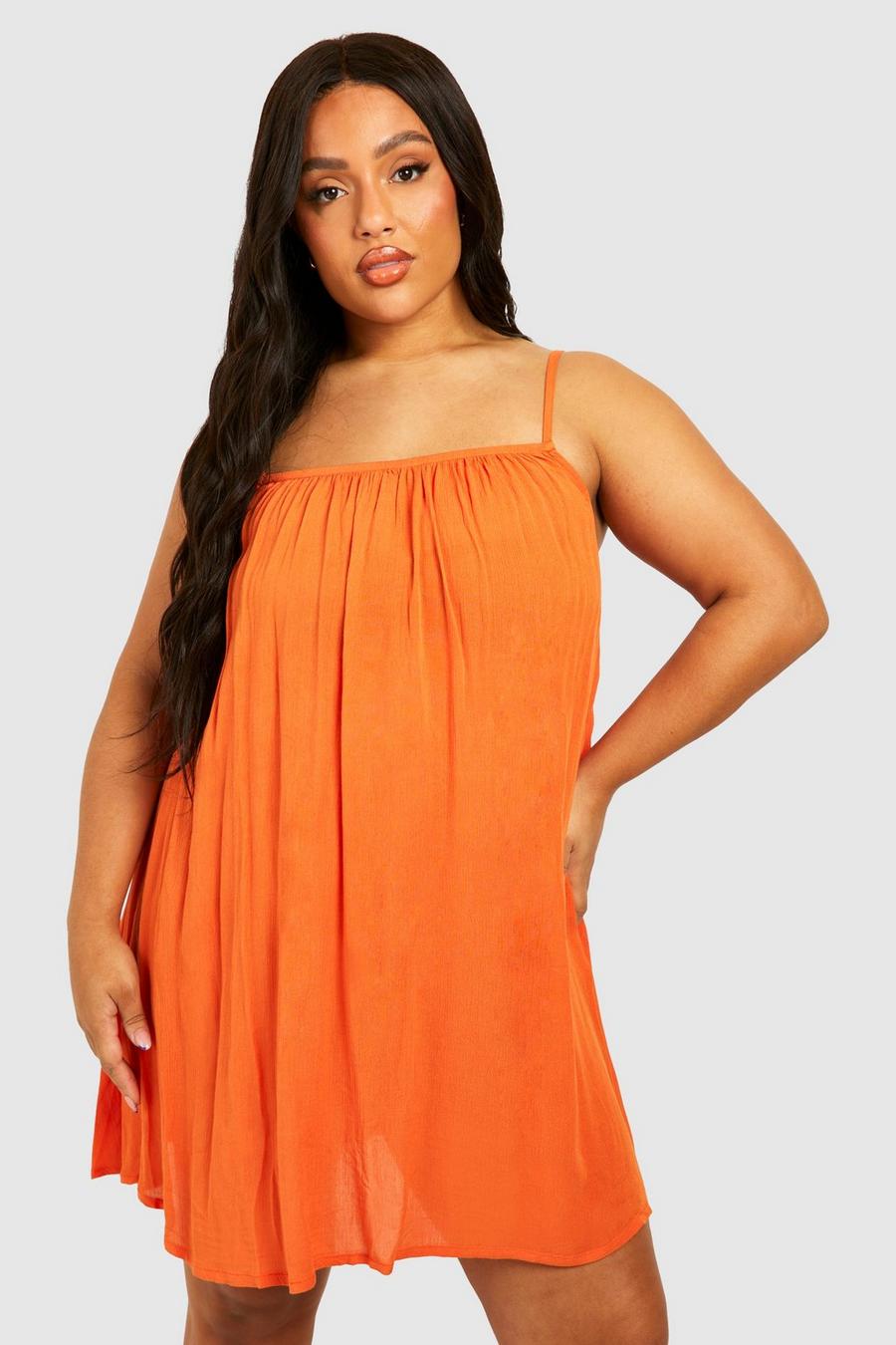 Orange Plus Crinkle Rayon Plaited Strap Beach Dress image number 1