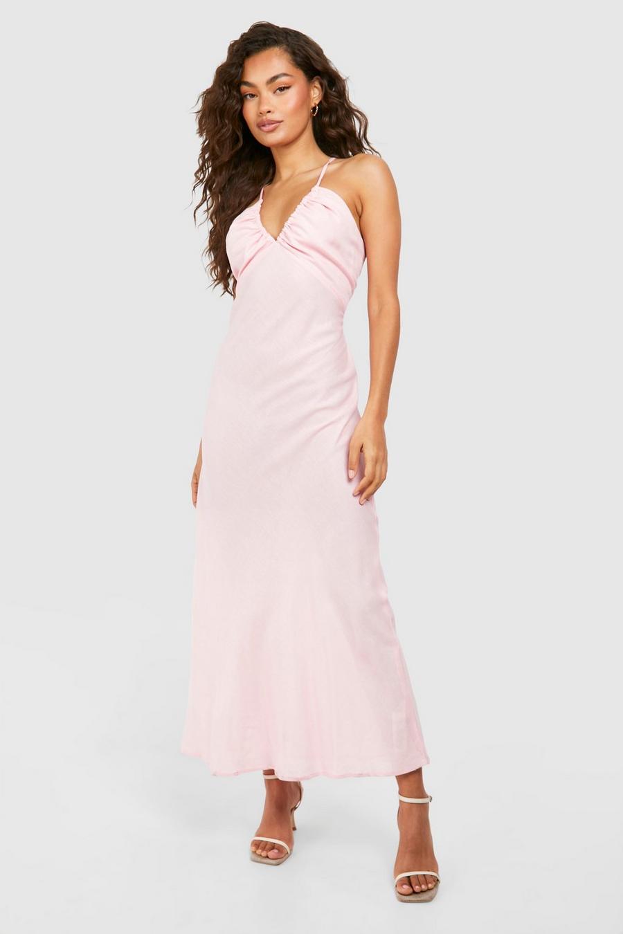 Pink Linen Look Strappy Midi Dress