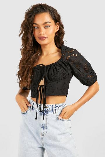 Black Embroidery Short Sleeve Crop Top