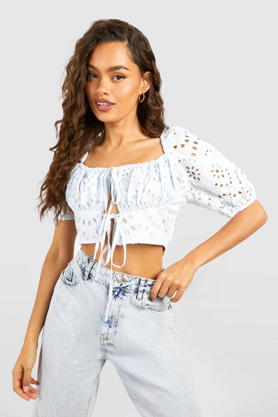 Blue Embroidery Short Sleeve Crop Top image number 1