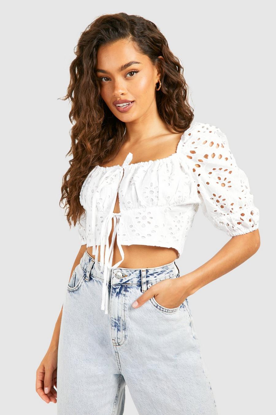 White Embroidery Short Sleeve Crop Top image number 1