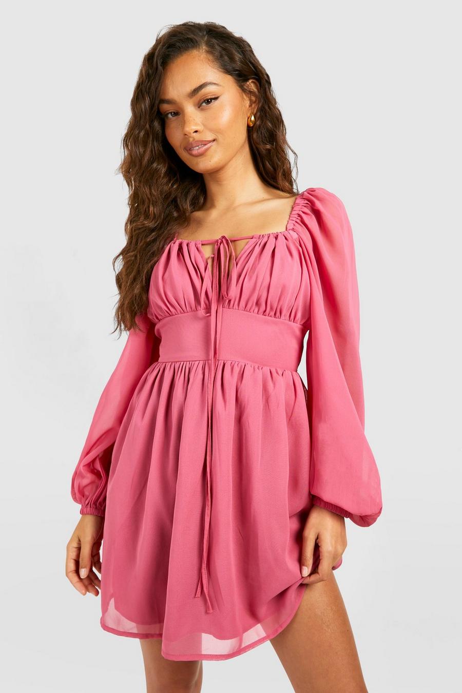 Pink Bust Detail Blouson Sleeve Skater Dress