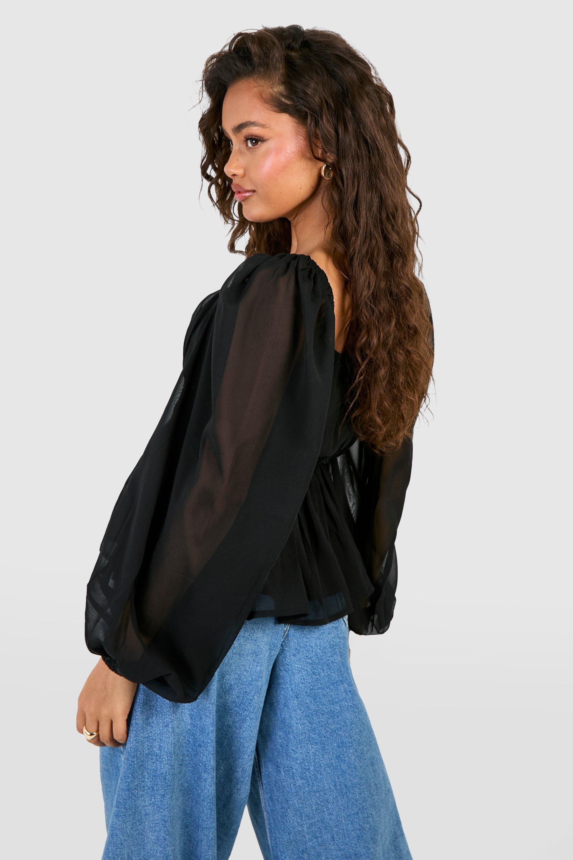 Black chiffon long sleeve top best sale