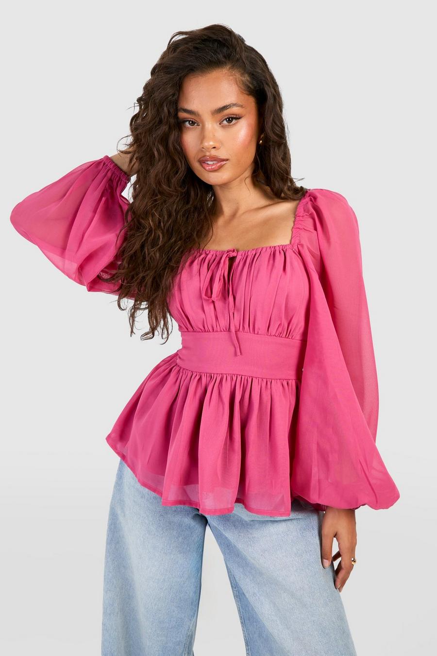 Top a maniche lunghe in chiffon stile Milkmaid, Pink image number 1