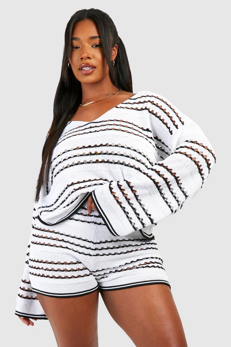 Pantalón corto Plus para la playa con raya monocromática y croché, White image number 1