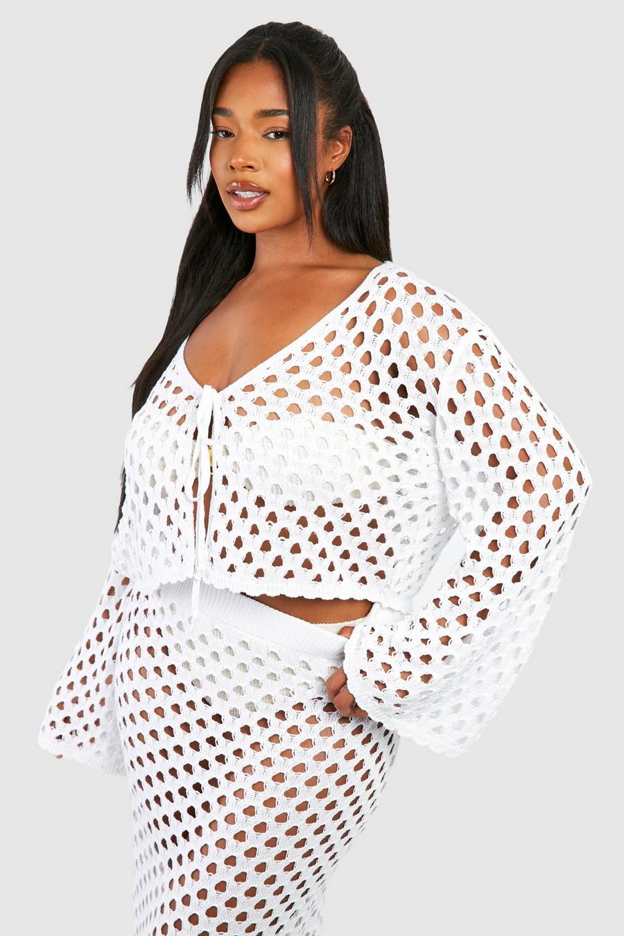 White Plus Crotchet Tie Front Long Sleeve Beach Top image number 1