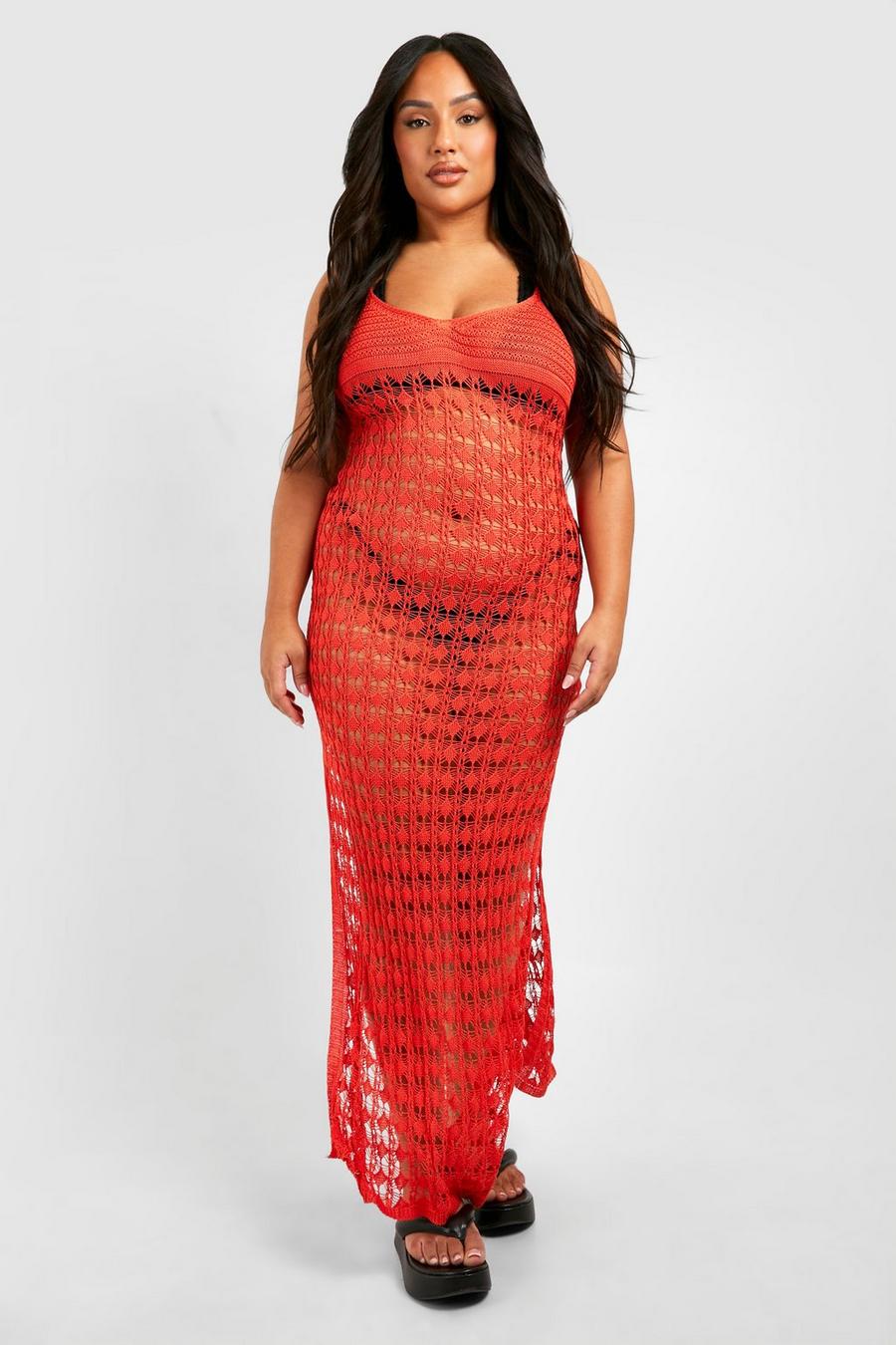 Burnt orange Plus Crochet Strappy Beach Maxi Dress  image number 1