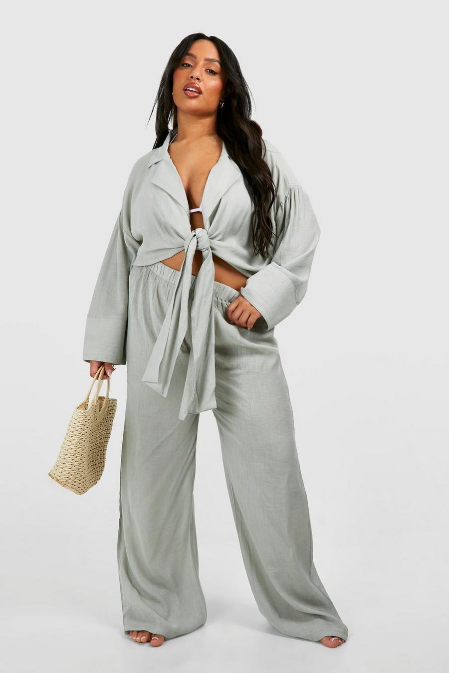 Sage Plus Textured Wide Leg Beach Trousers image number 1