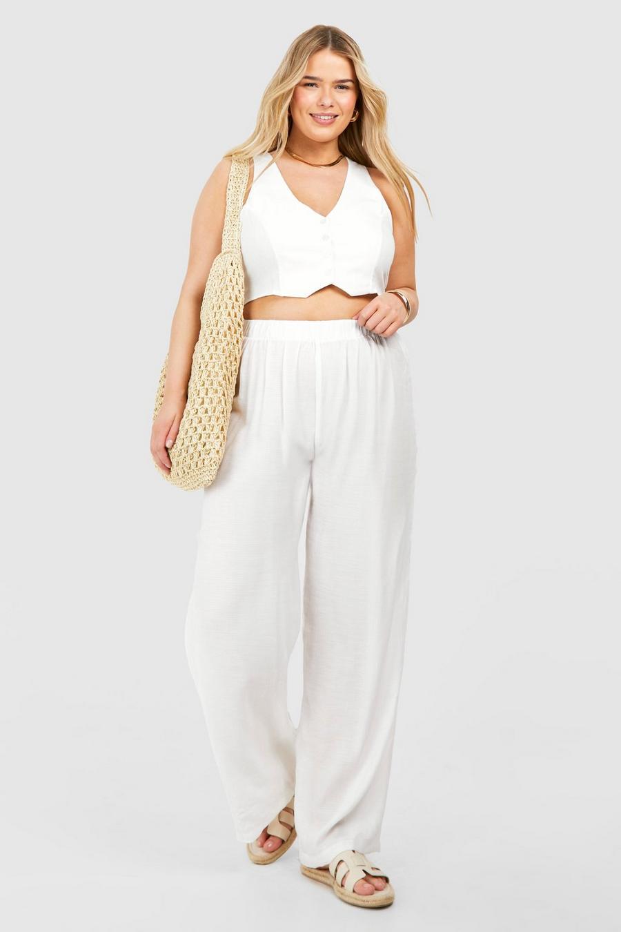 White Plus Textured Wide Leg Beach Pants image number 1