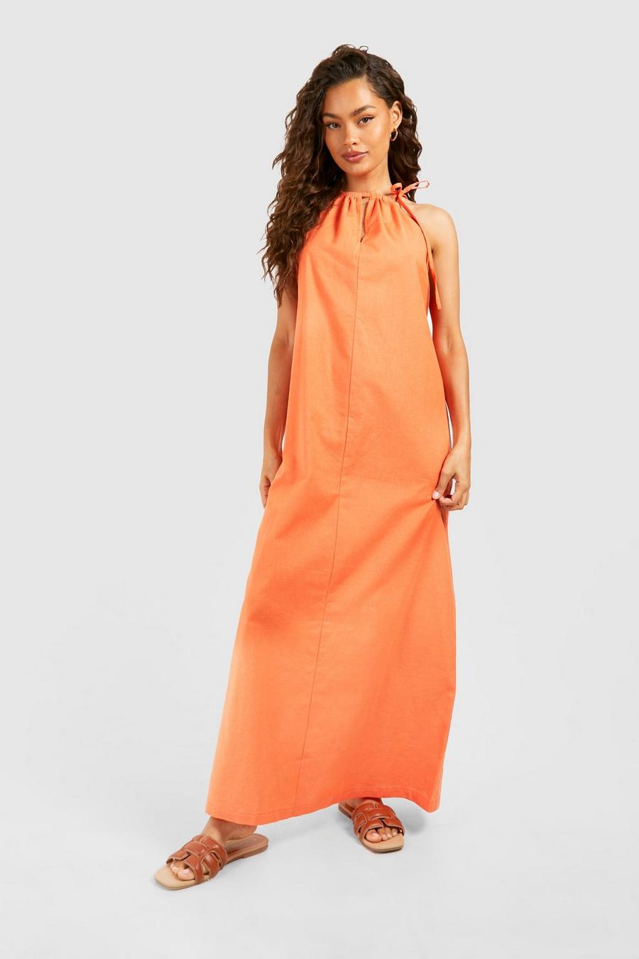 Vestido maxi de lino con tirantes, Orange image number 1