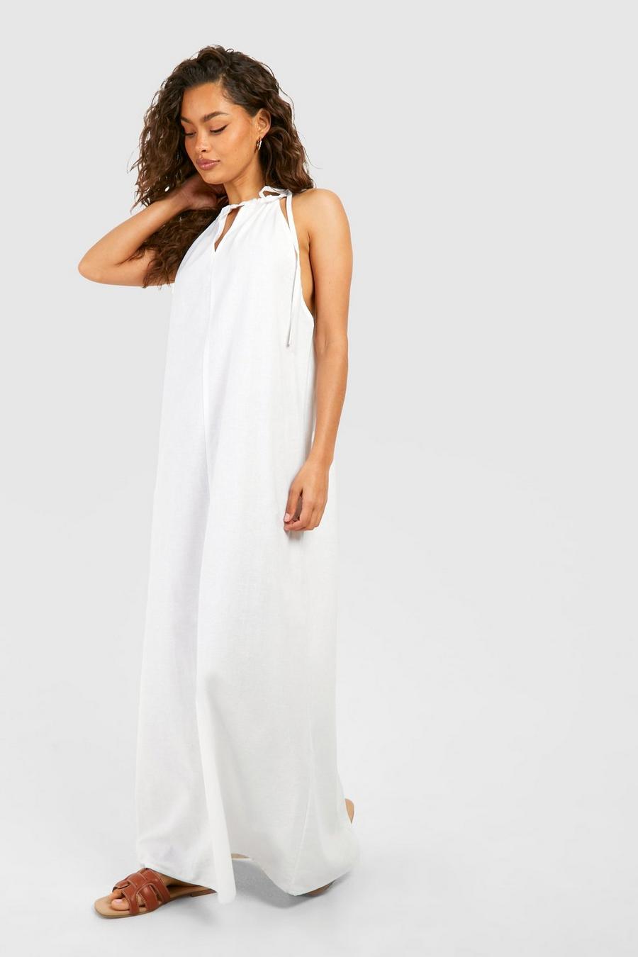 Vestido maxi de lino con tirantes, White image number 1