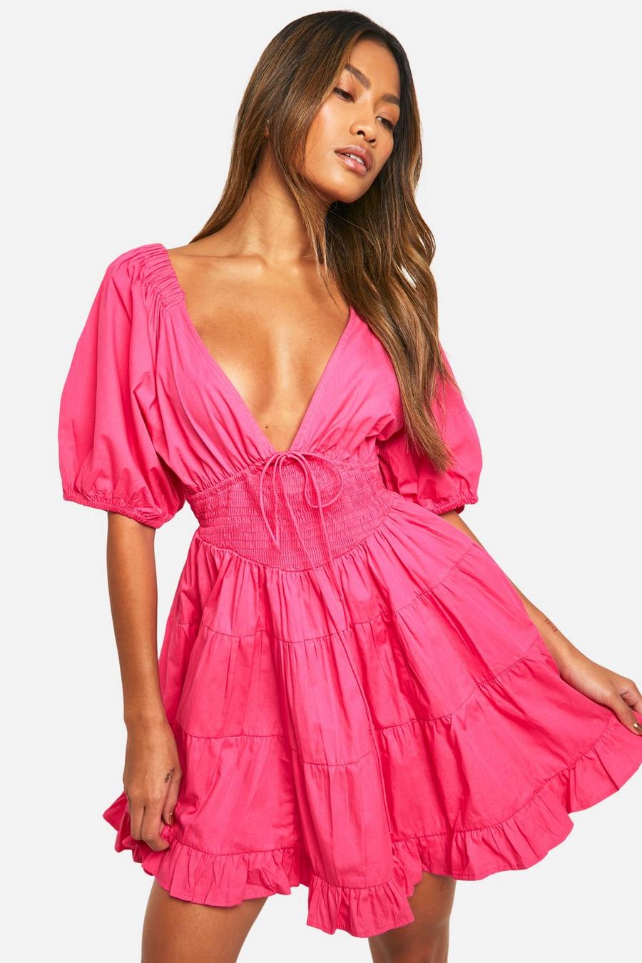 Pink Kort klänning i poplin med puffärm