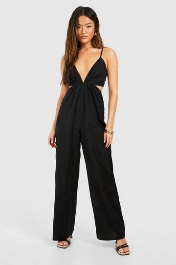 Linen Look Strappy Cut Out Jumpsuit black