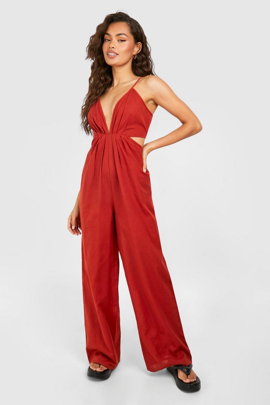 Red Linen Strappy Cut Out Jumpsuit  image number 1