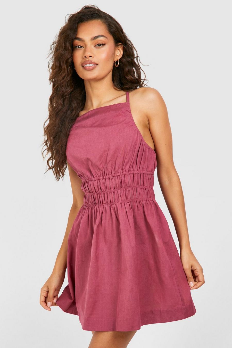 Pink Strappy Linen Shirred Waist Mini Dress image number 1