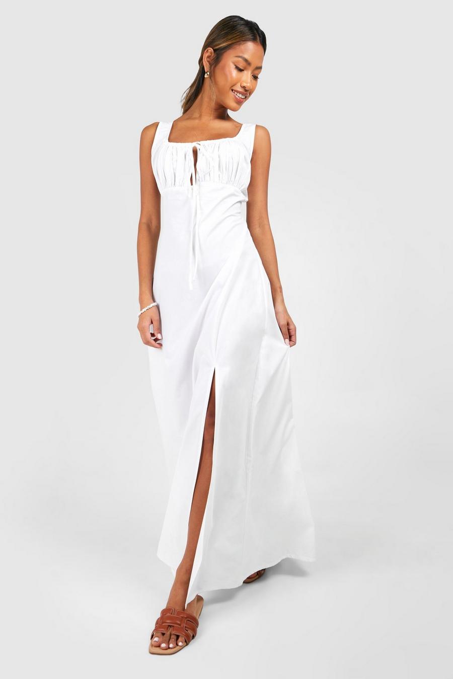 Vestido maxi de popelina con pecho fruncido, White image number 1