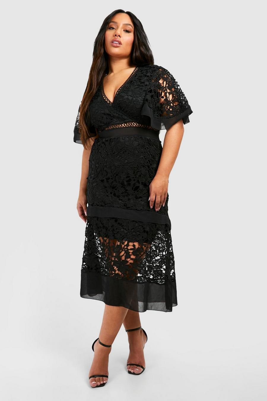 Black Plus Premium V Neck Tiered Lace Dress