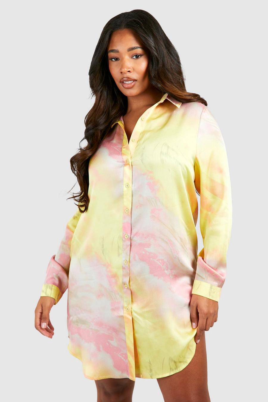 Champagne Plus Ombre Satin Print Shirt Dress  image number 1