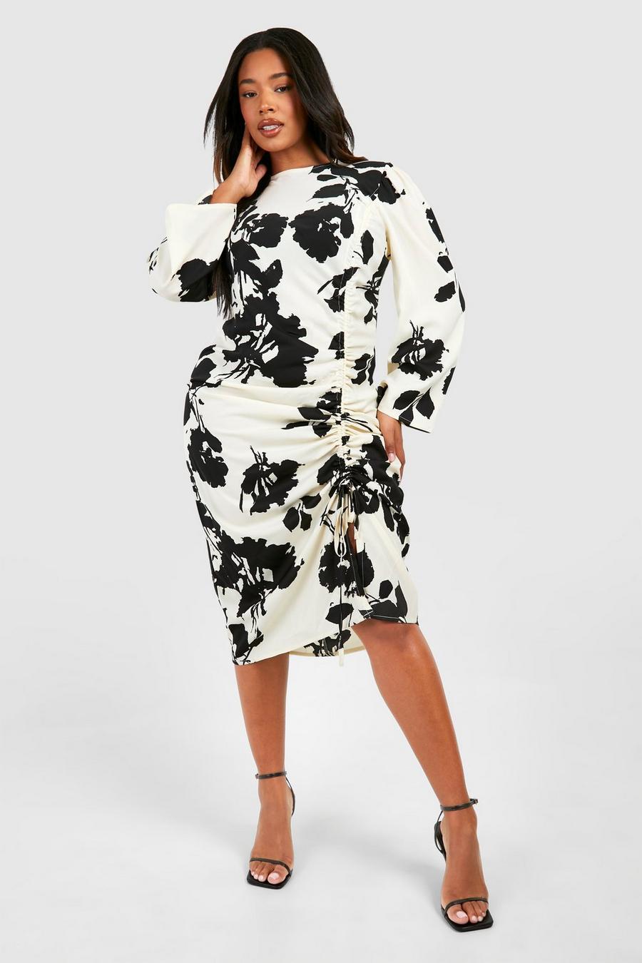 Cream Plus Woven Floral Ruched Midi Dress image number 1