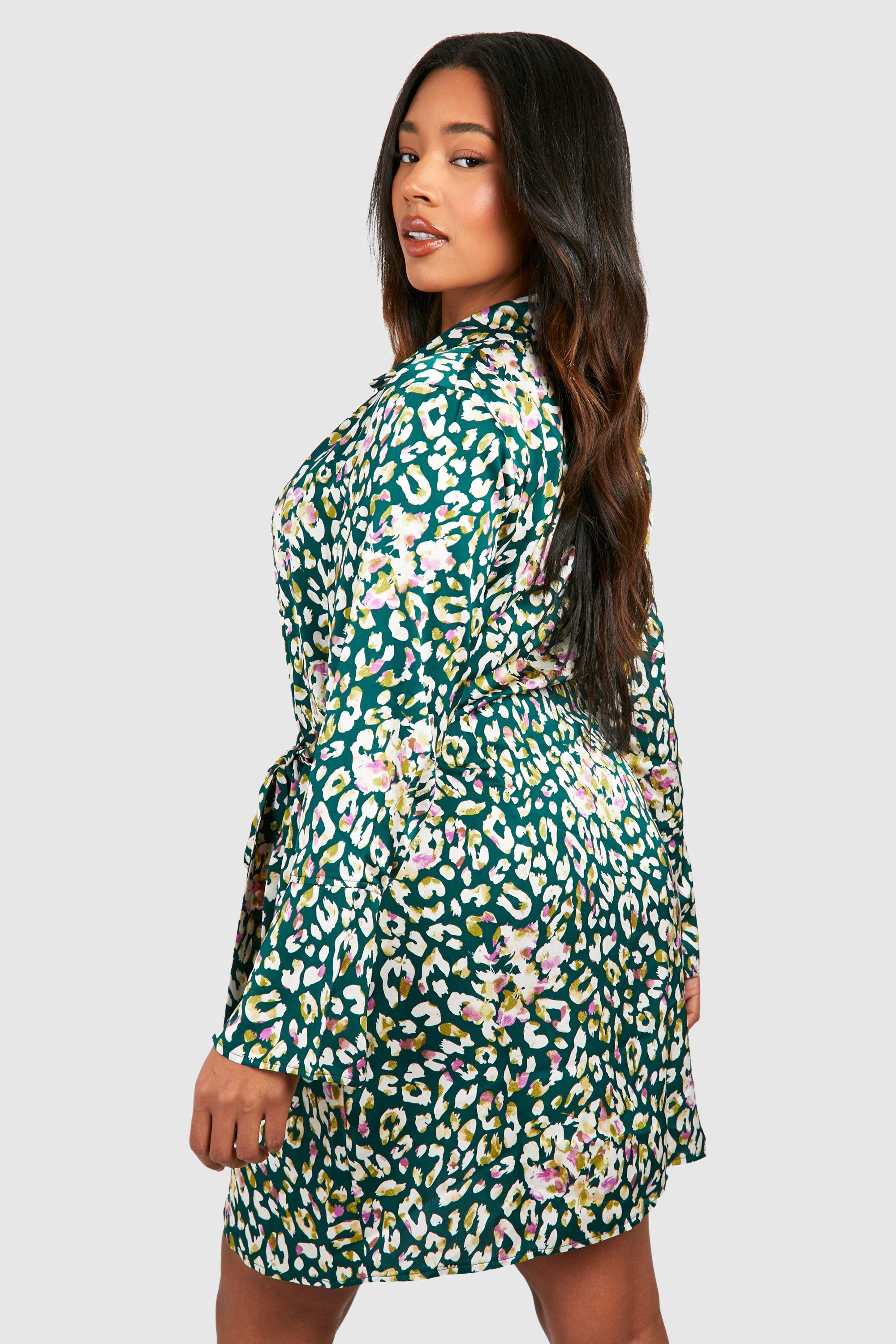 Green satin leopard hot sale print wrap dress