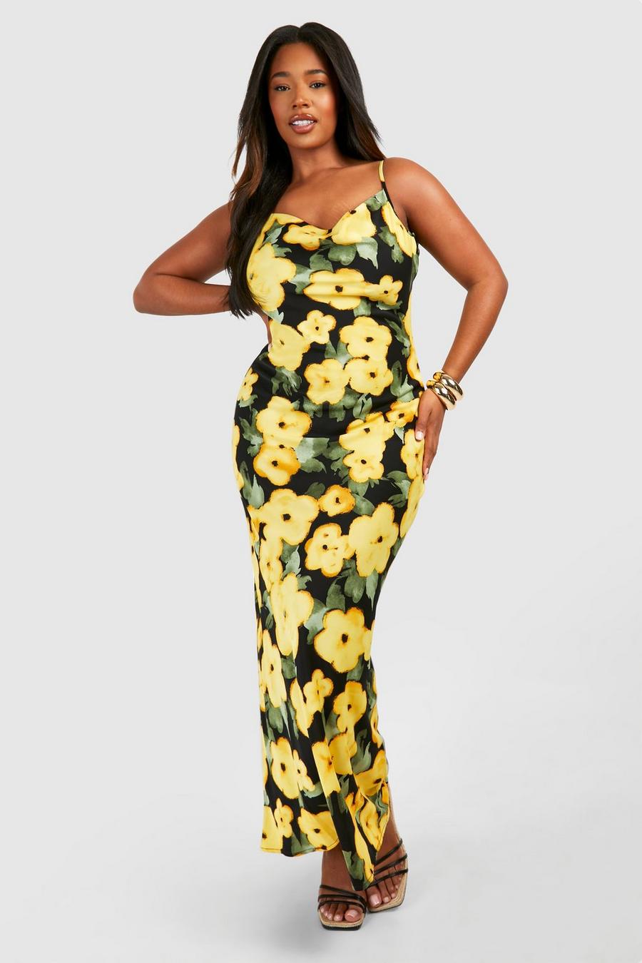 Grande taille - Robe longue satinée fleurie, Yellow image number 1