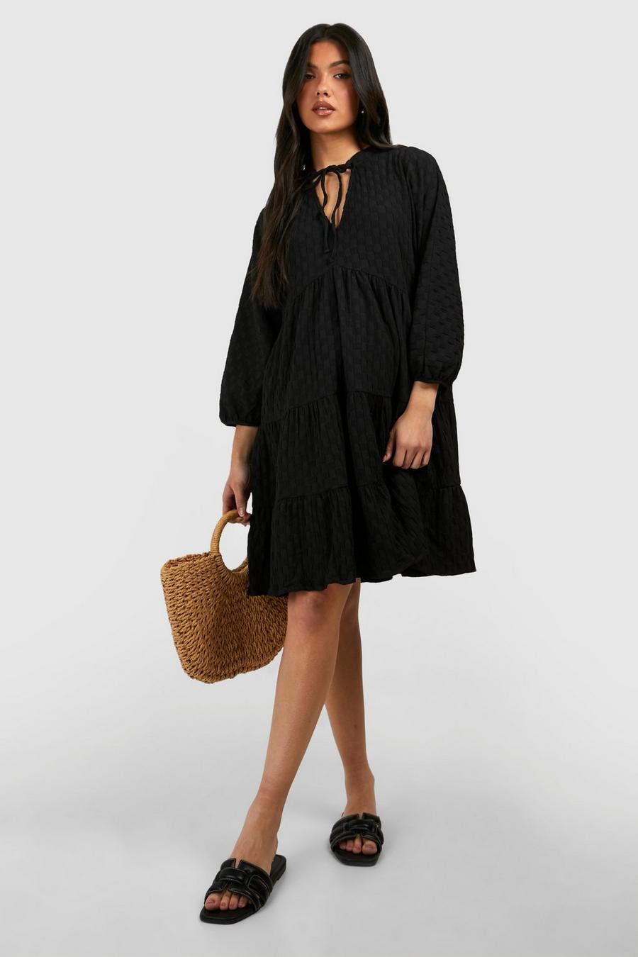 Vestido holgado Premamá texturizado escalonado con escote de pico, Black