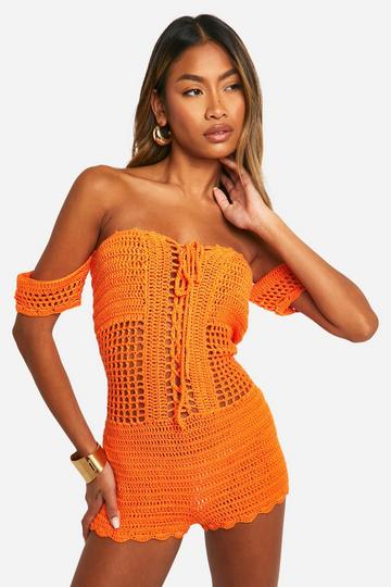 Orange Off The Shoulder Crochet Lace Up Romper