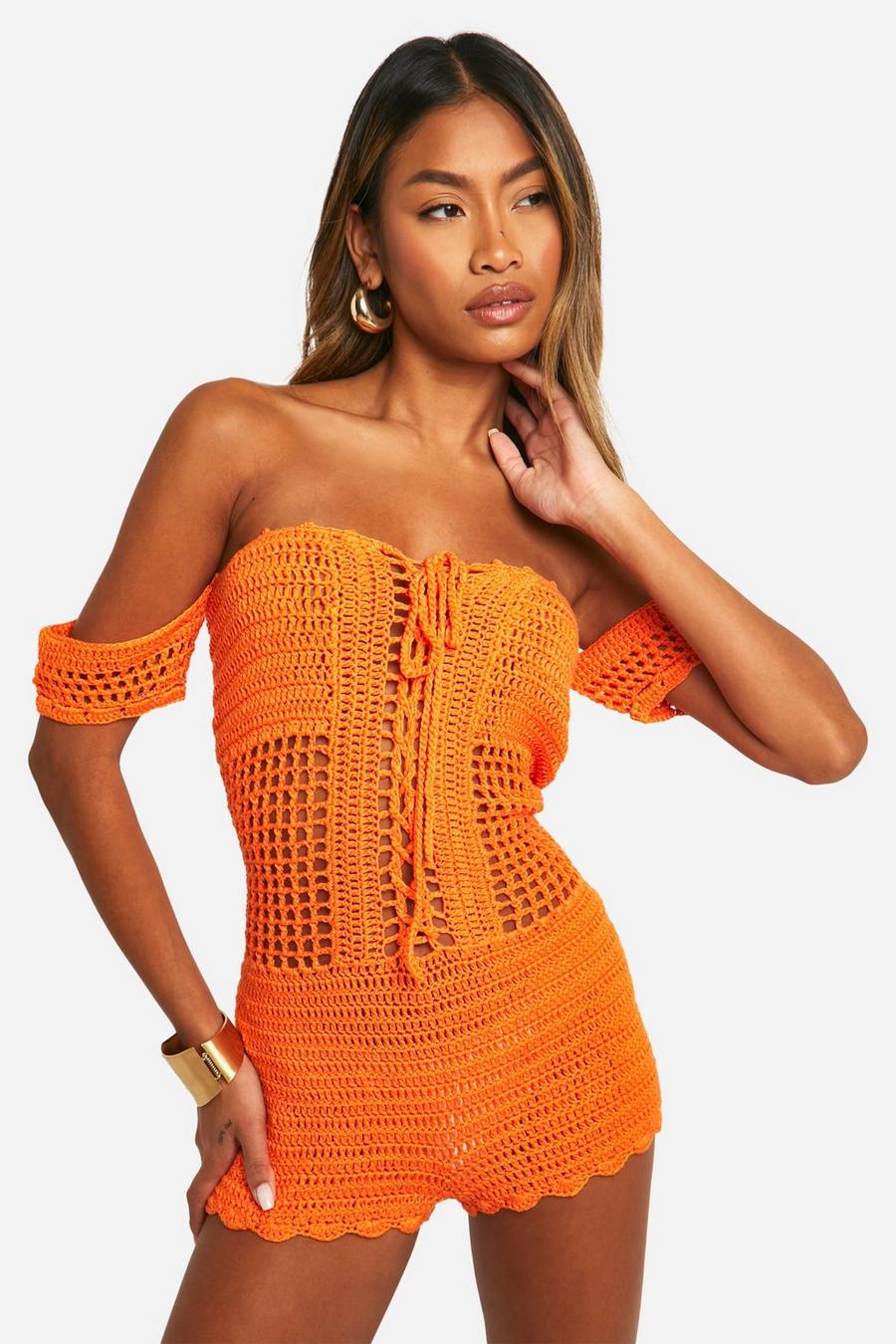 Orange Off The Shoulder Crochet Lace Up Playsuit image number 1