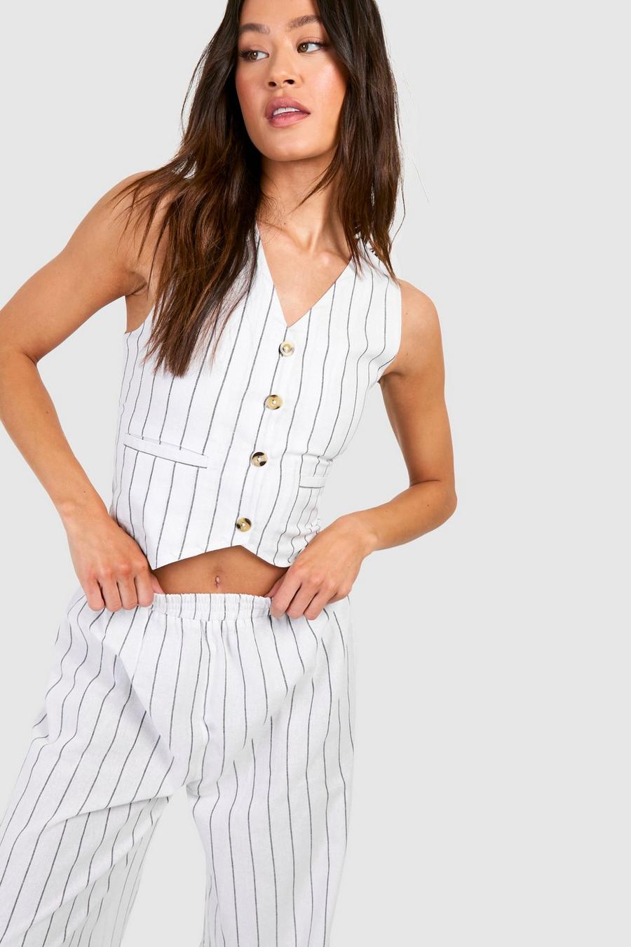 White Tall Woven Pinstripe Button Vest image number 1