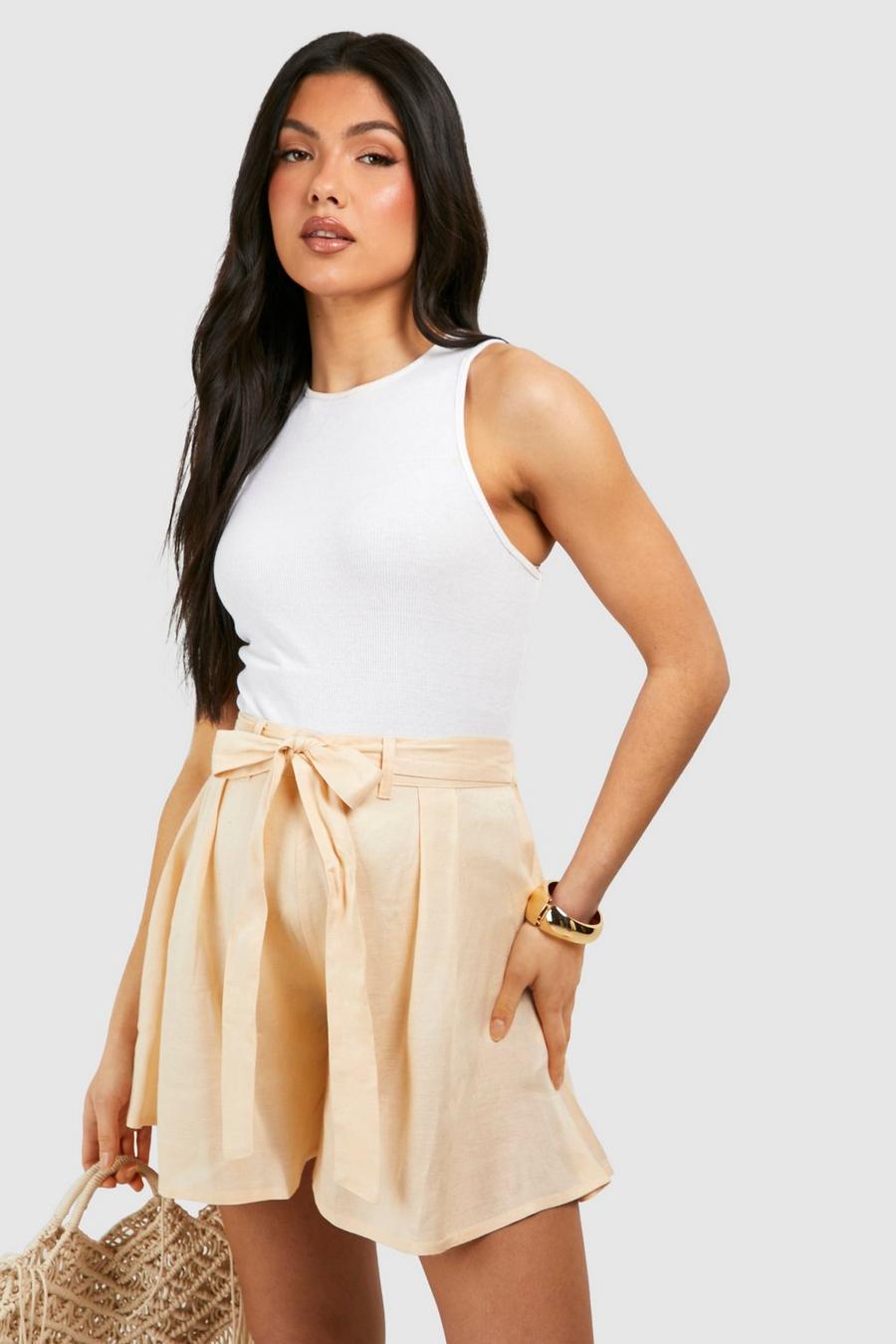 Maternity Linen Belted Shorts , Stone