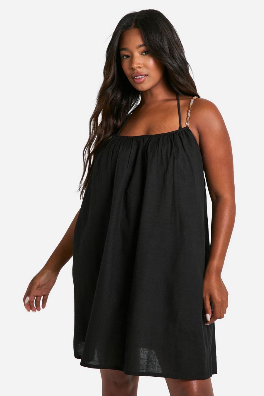 Black Plus Beaded Straps Beach Mini Dress 