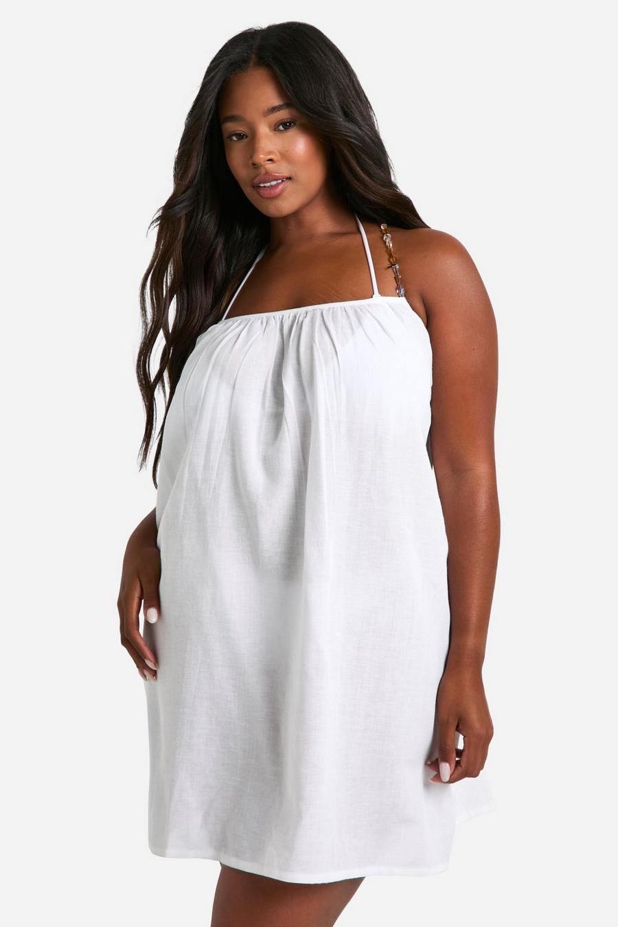 White Plus Beaded Straps Beach Mini Dress 