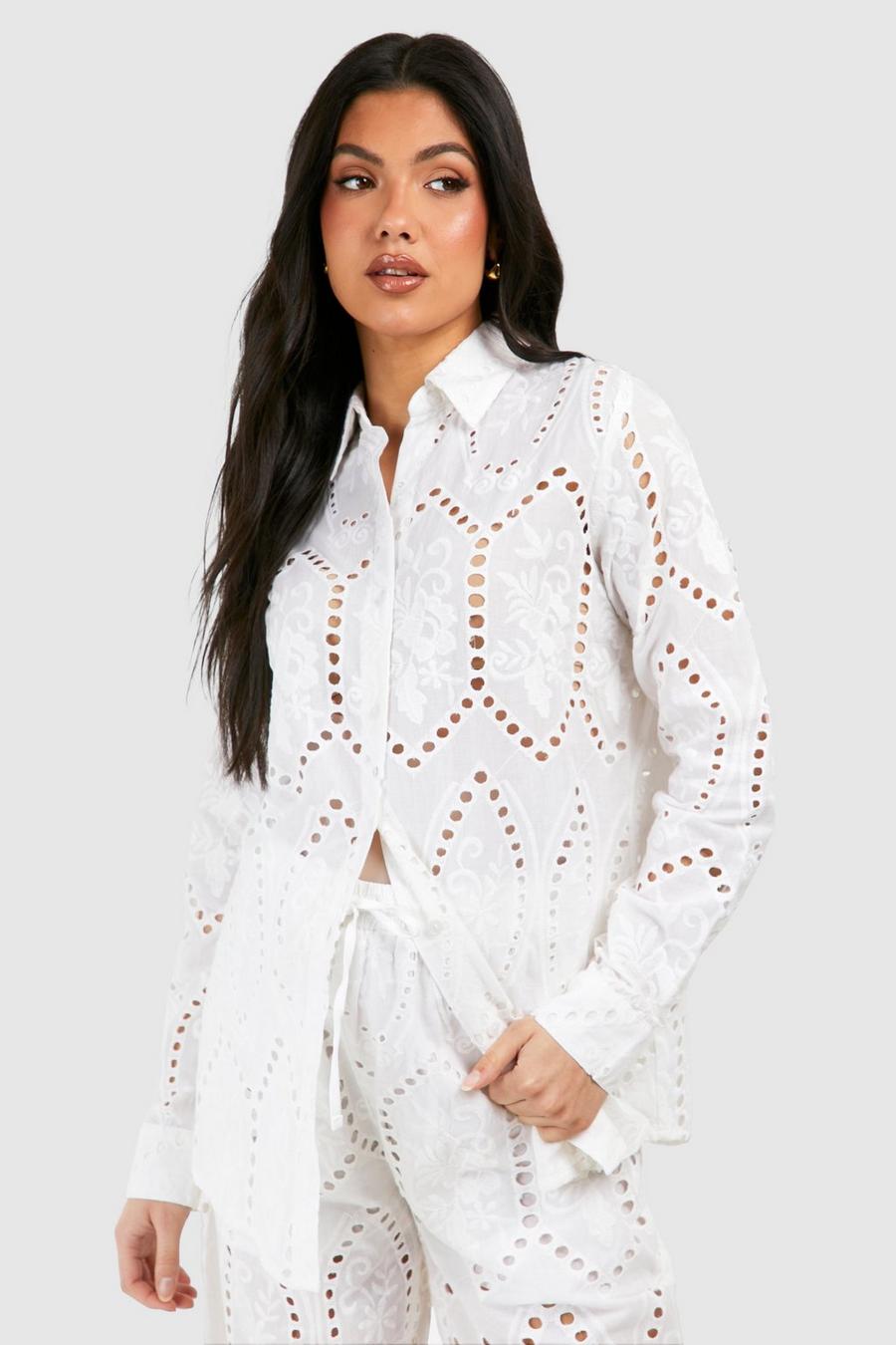 White Maternity Broderie Oversized Shirt image number 1