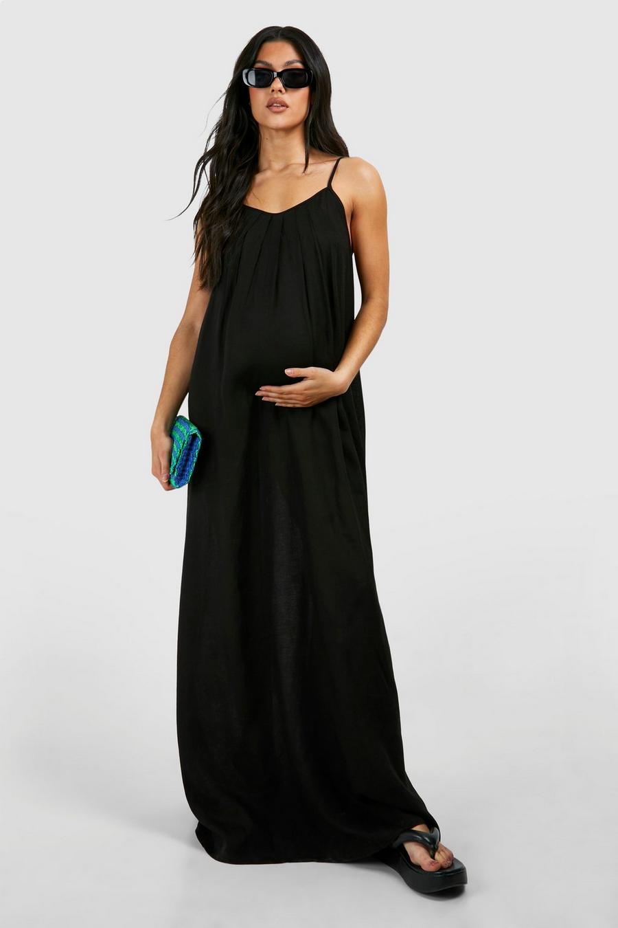 Black Maternity Linen Strappy Maxi Dress image number 1