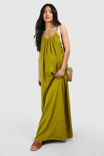 Maternity Linen Look Strappy Maxi Dress khaki