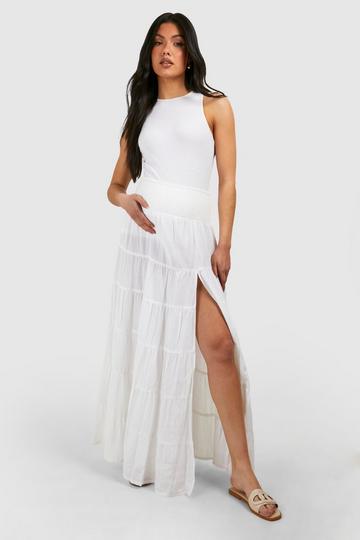 Cream White Maternity Shirred Tiered Maxi Skirt